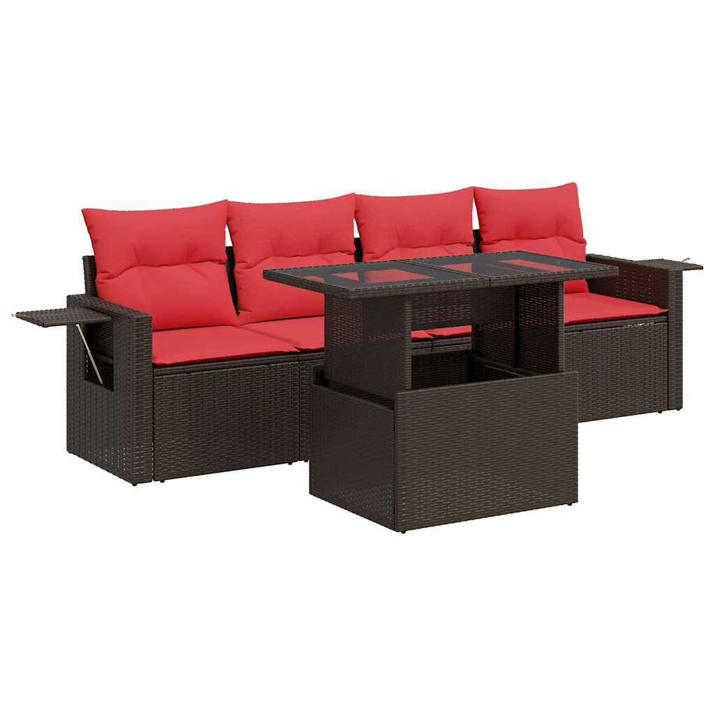 5-delige Loungeset met kussens poly rattan acacia bruin
