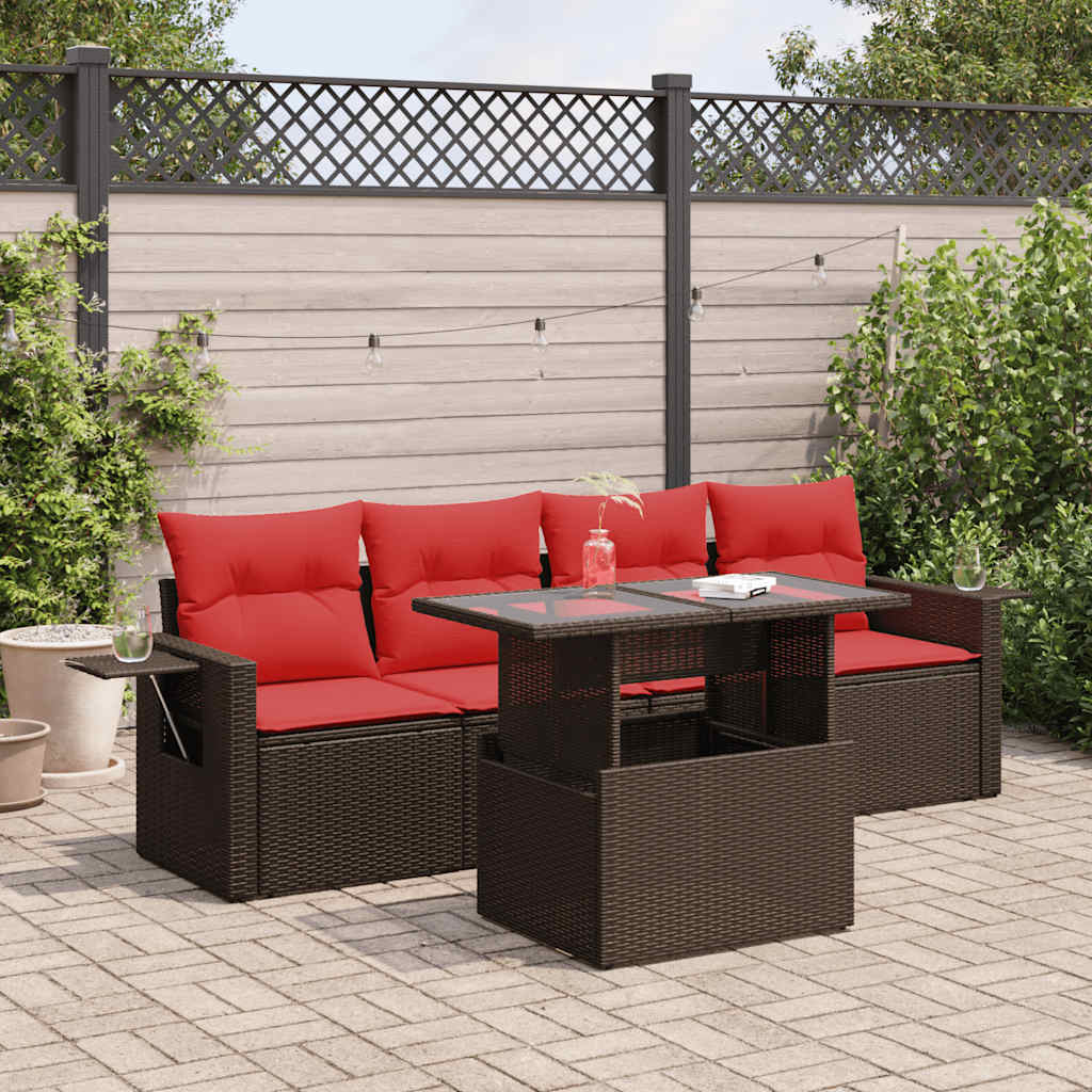 5-delige Loungeset met kussens poly rattan acacia bruin