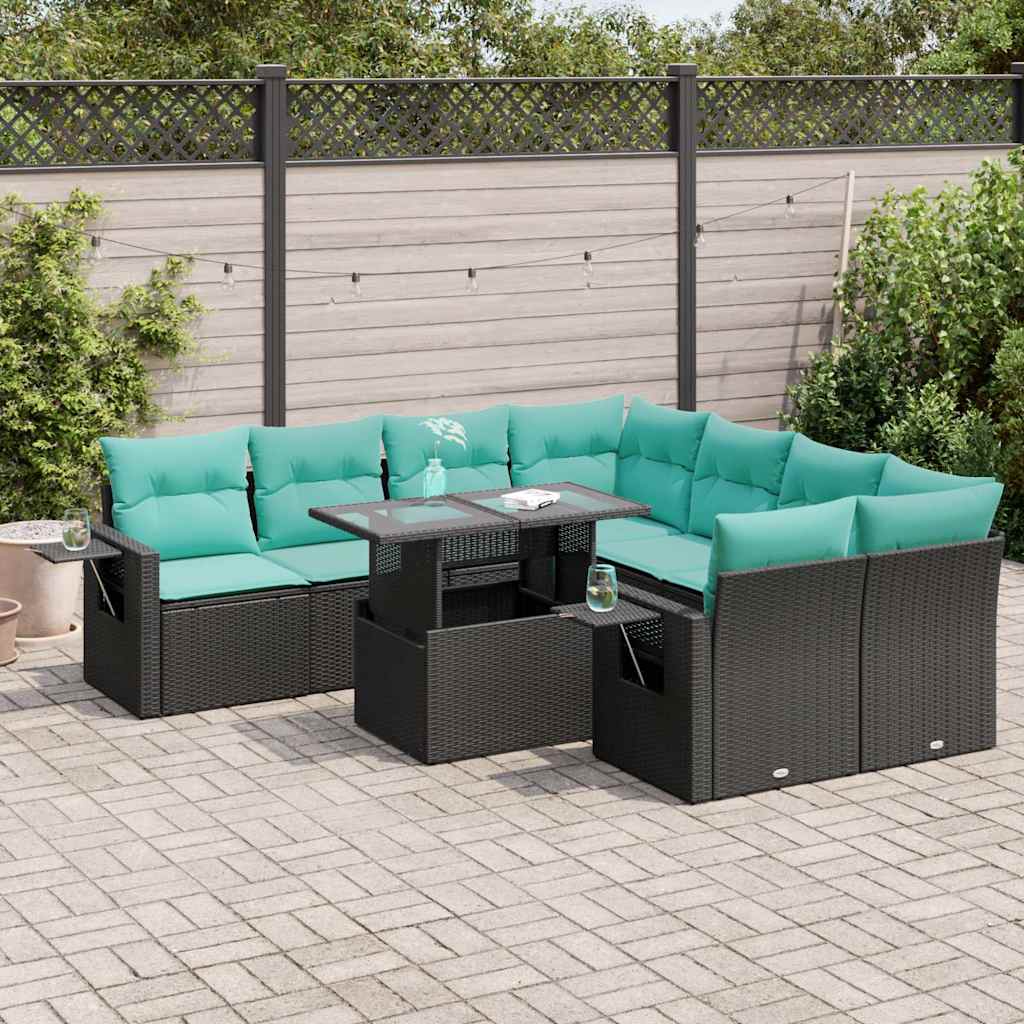 9-delige Loungeset met kussens poly rattan acacia zwart is nu te koop bij PeponiXL, paradijselijk wonen!