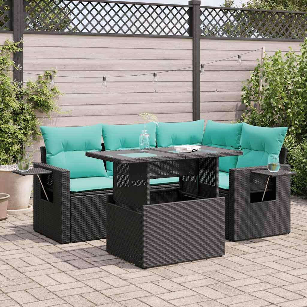 5-delige Loungeset met kussens poly rattan acacia zwart is nu te koop bij PeponiXL, paradijselijk wonen!