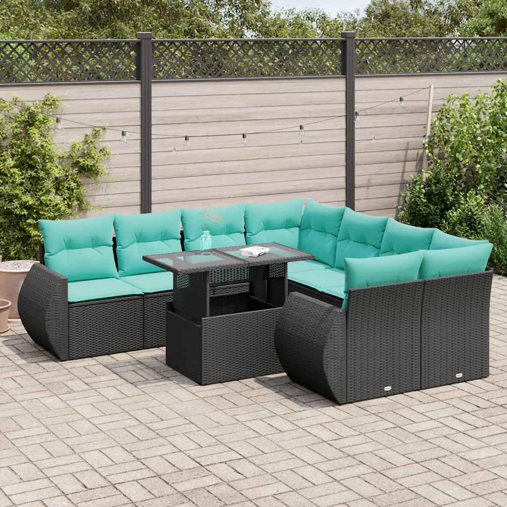 9-delige Loungeset met kussens poly rattan acacia zwart is nu te koop bij PeponiXL, paradijselijk wonen!