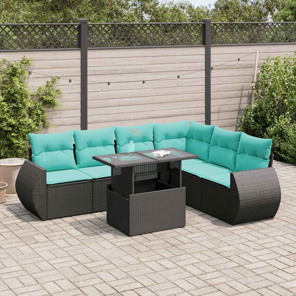 7-delige Loungeset met kussens poly rattan acacia zwart is nu te koop bij PeponiXL, paradijselijk wonen!