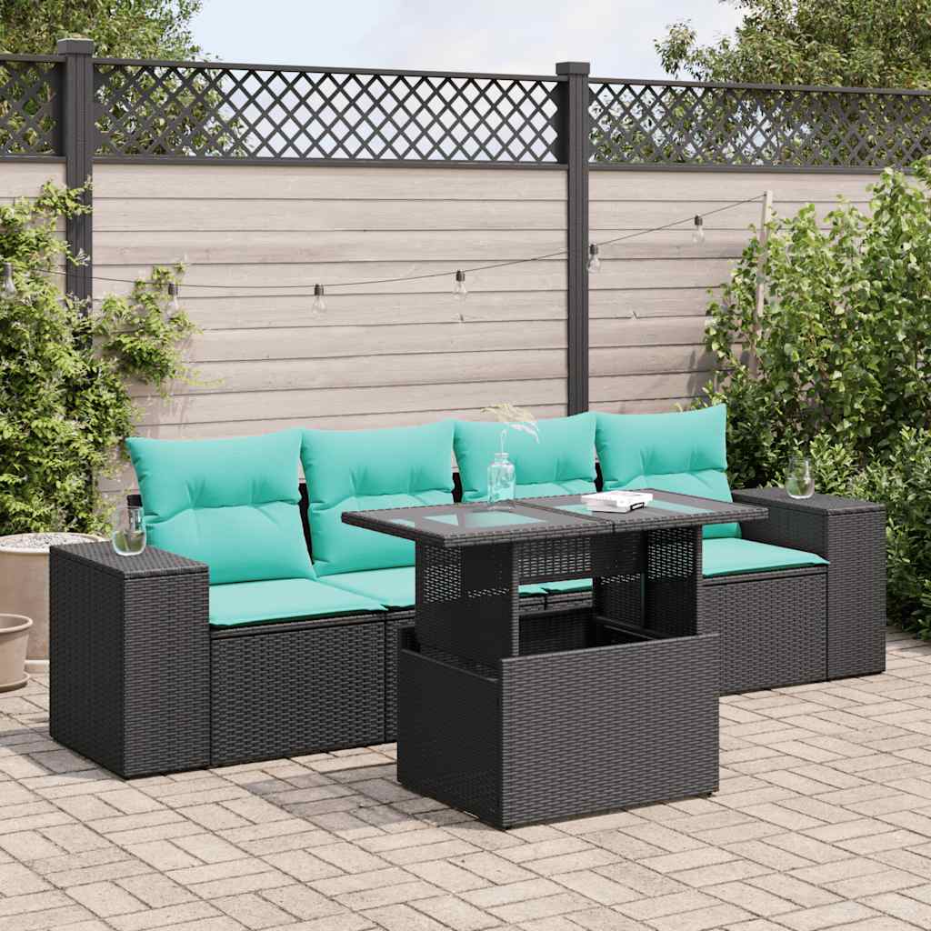 5-delige Loungeset met kussens poly rattan acacia zwart is nu te koop bij PeponiXL, paradijselijk wonen!
