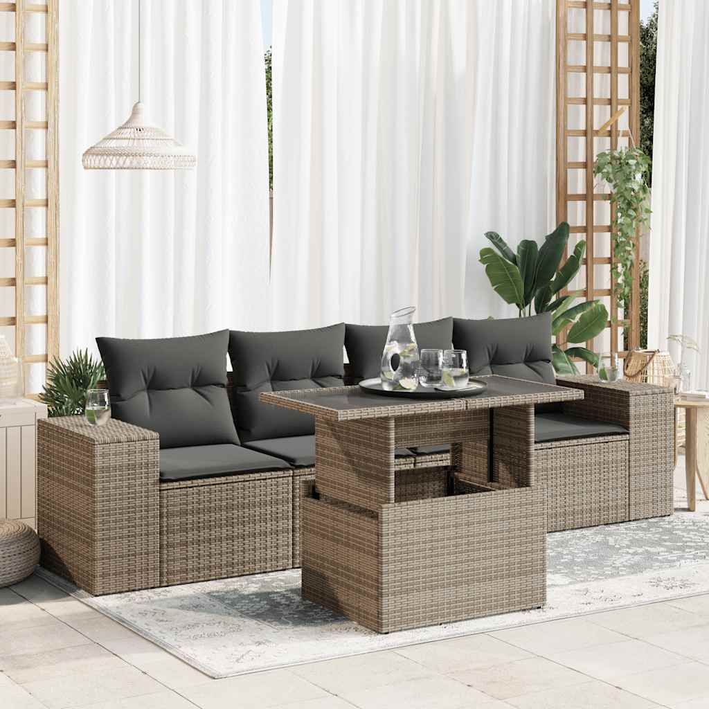 5-delige Loungeset met kussens poly rattan grijs is nu te koop bij PeponiXL, paradijselijk wonen!