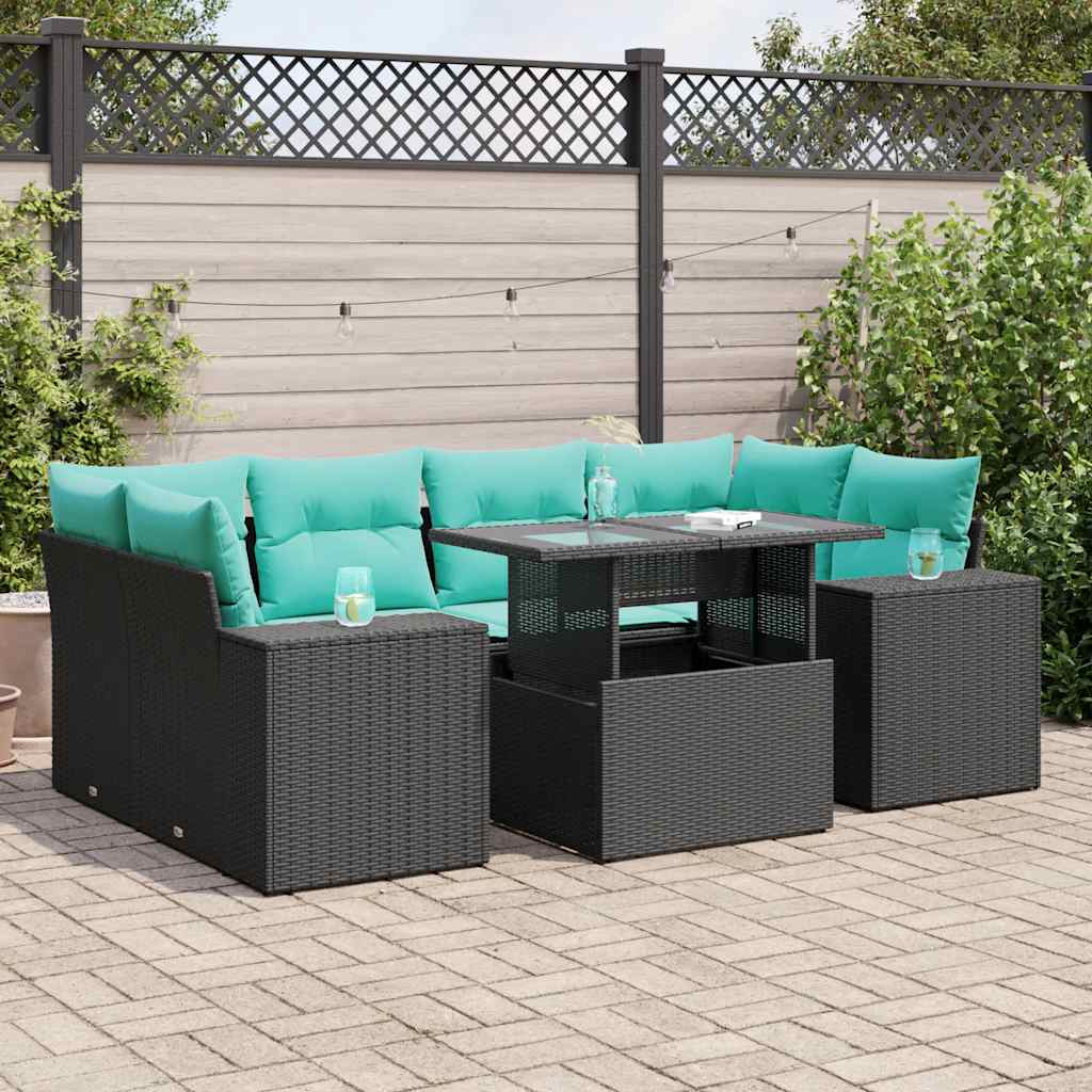 7-delige Loungeset met kussens poly rattan acacia zwart is nu te koop bij PeponiXL, paradijselijk wonen!