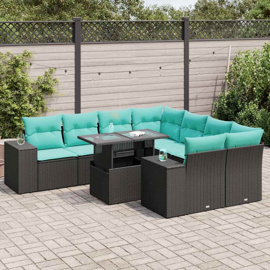 9-delige Loungeset met kussens poly rattan acacia zwart is nu te koop bij PeponiXL, paradijselijk wonen!