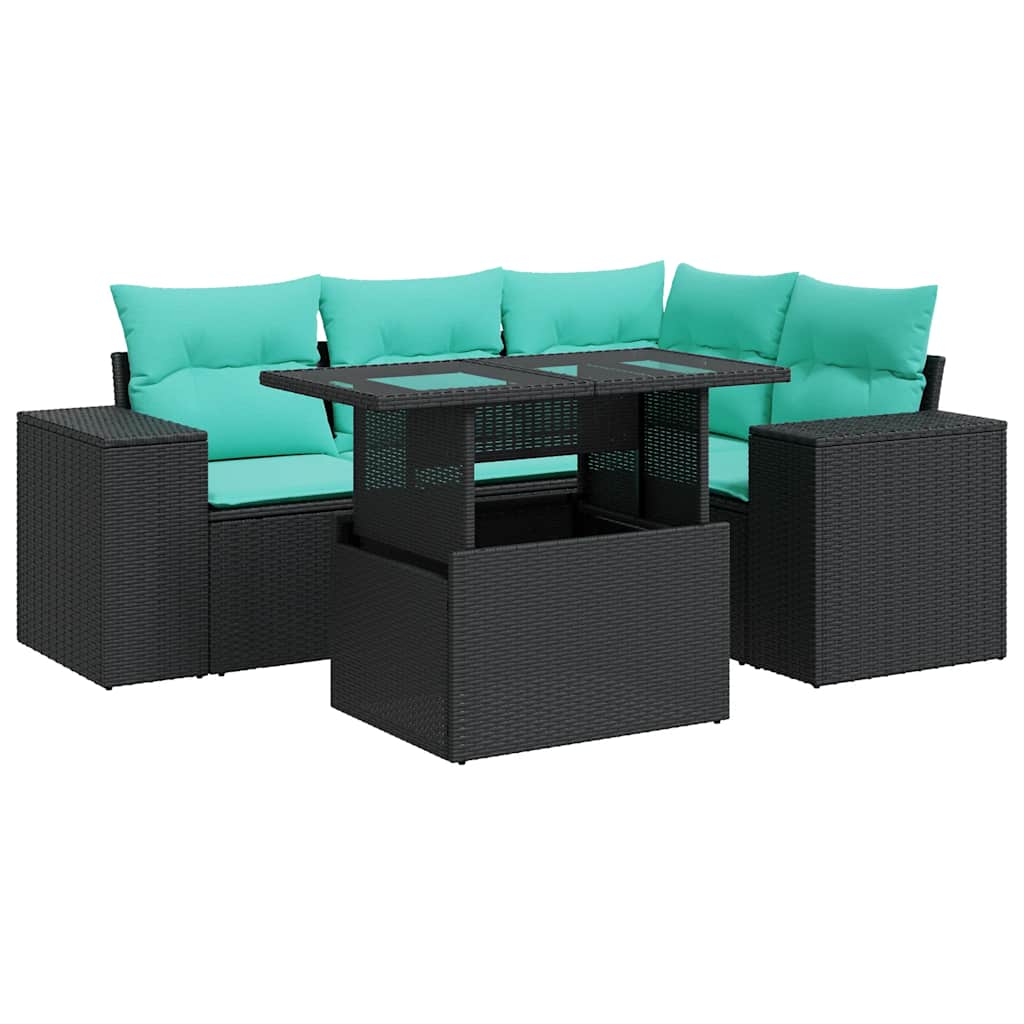 5-delige Loungeset met kussens poly rattan acacia zwart