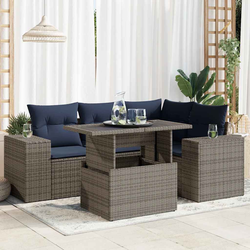 5-delige Loungeset met kussens poly rattan grijs
