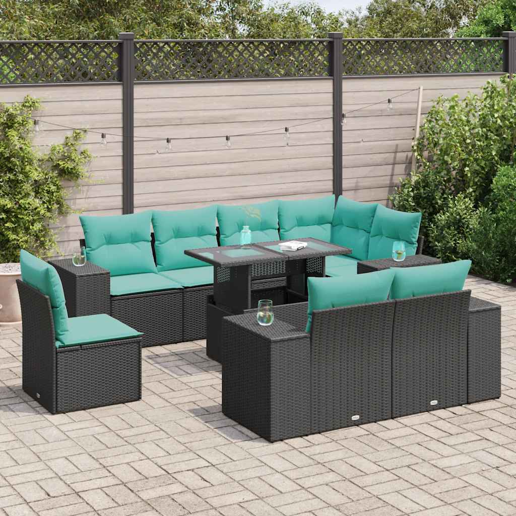 9-delige Loungeset met kussens poly rattan acacia zwart is nu te koop bij PeponiXL, paradijselijk wonen!