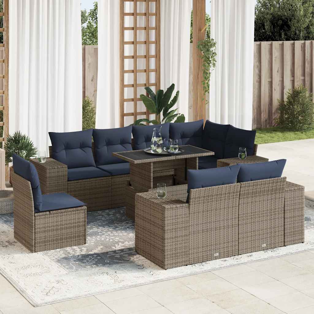 9-delige Loungeset met kussens poly rattan acacia grijs is nu te koop bij PeponiXL, paradijselijk wonen!