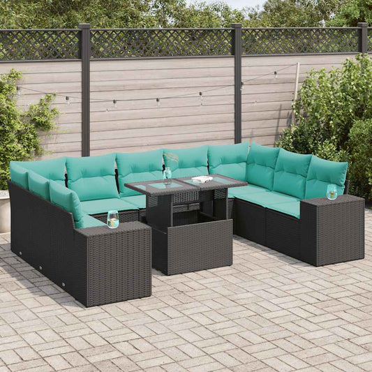 10-delige Loungeset met kussens poly rattan acacia zwart is nu te koop bij PeponiXL, paradijselijk wonen!