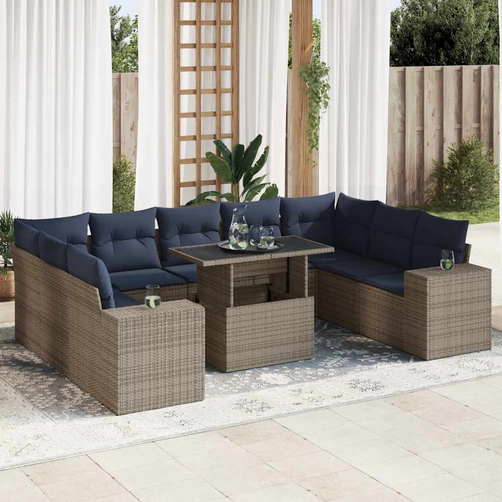 10-delige Loungeset met kussens poly rattan acacia grijs is nu te koop bij PeponiXL, paradijselijk wonen!