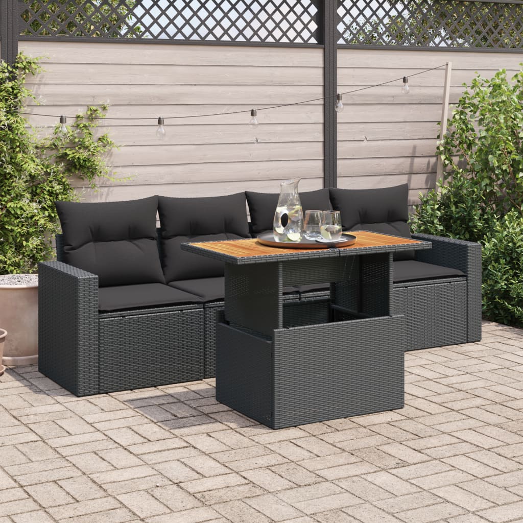 5-delige Loungeset met kussens poly rattan zwart is nu te koop bij PeponiXL, paradijselijk wonen!