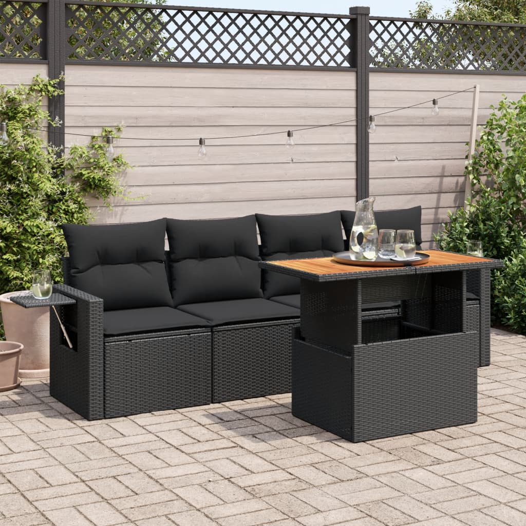 5-delige Loungeset met kussens poly rattan zwart is nu te koop bij PeponiXL, paradijselijk wonen!