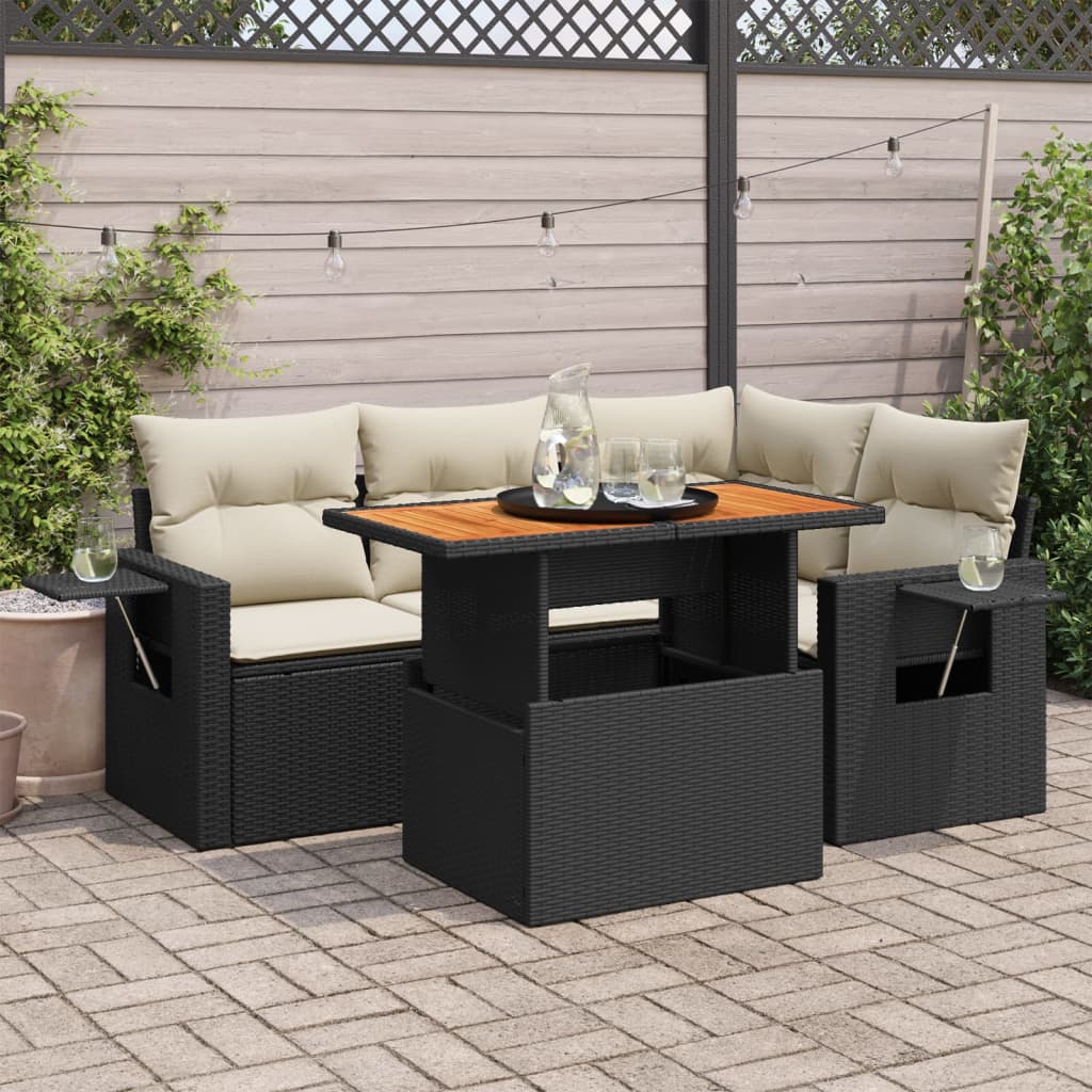 5-delige Loungeset met kussens poly rattan zwart is nu te koop bij PeponiXL, paradijselijk wonen!