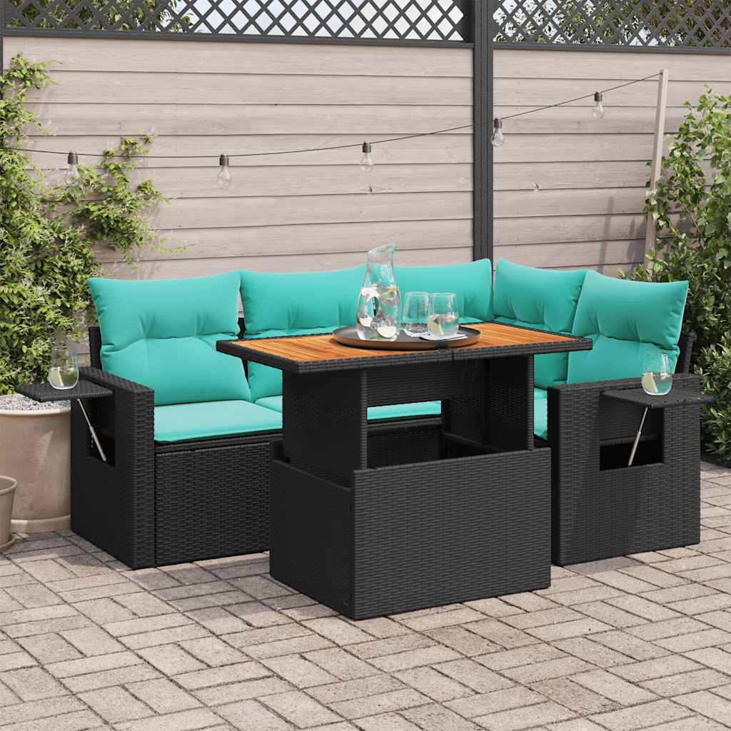 5-delige Loungeset met kussens poly rattan zwart is nu te koop bij PeponiXL, paradijselijk wonen!