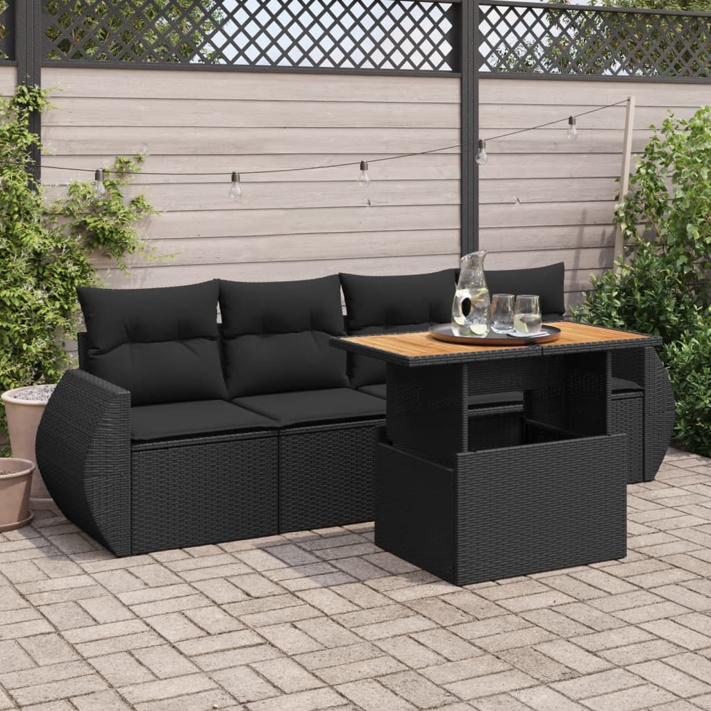 5-delige Loungeset met kussens poly rattan zwart is nu te koop bij PeponiXL, paradijselijk wonen!