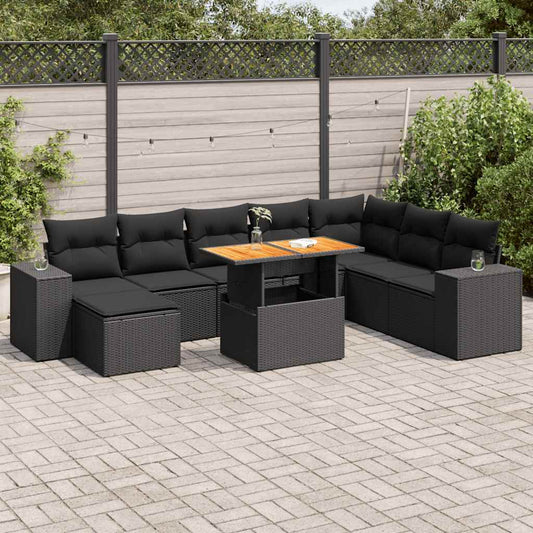 9-delige Loungeset met kussens poly rattan acacia zwart is nu te koop bij PeponiXL, paradijselijk wonen!
