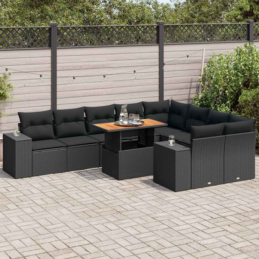 10-delige Loungeset met kussens poly rattan acacia zwart is nu te koop bij PeponiXL, paradijselijk wonen!