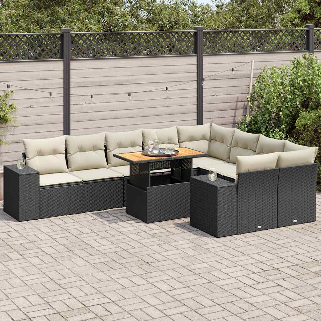 10-delige Loungeset met kussens poly rattan acacia zwart is nu te koop bij PeponiXL, paradijselijk wonen!