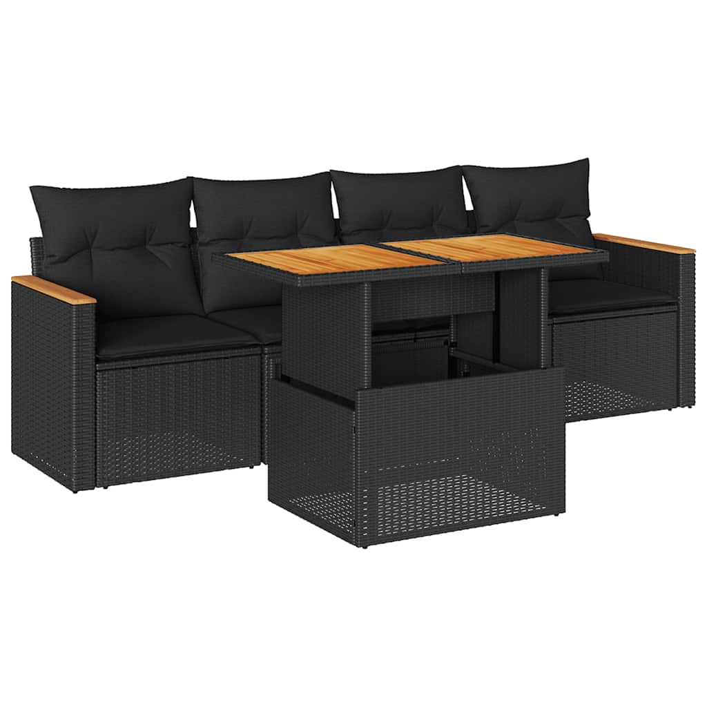 5-delige Loungeset met kussens poly rattan acacia zwart is nu te koop bij PeponiXL, paradijselijk wonen!