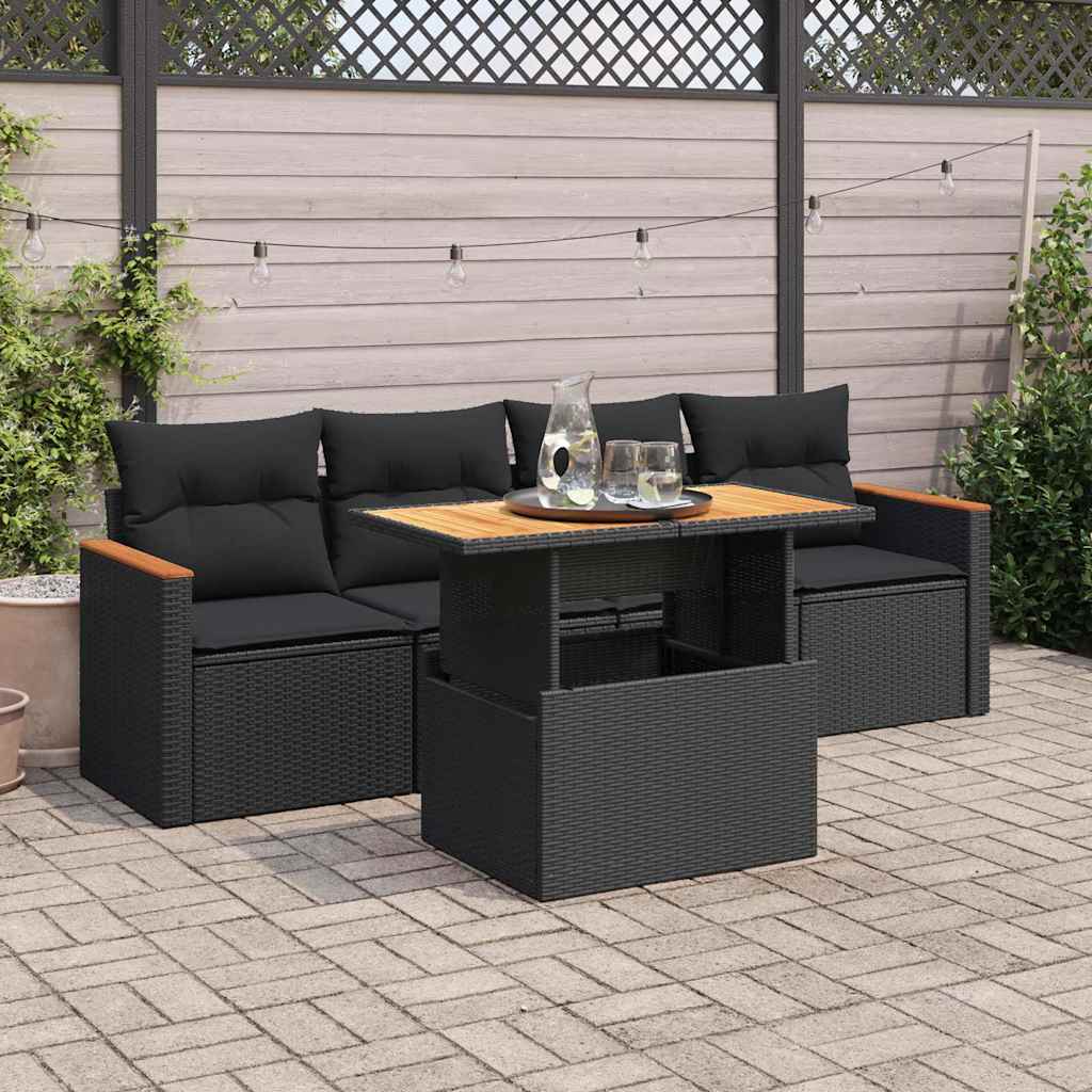 5-delige Loungeset met kussens poly rattan acacia zwart is nu te koop bij PeponiXL, paradijselijk wonen!