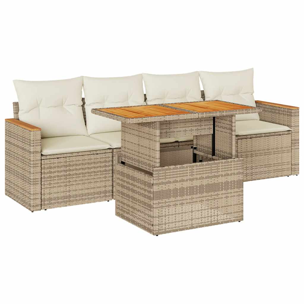 5-delige Loungeset met kussens poly rattan en acaciahout beige is nu te koop bij PeponiXL, paradijselijk wonen!