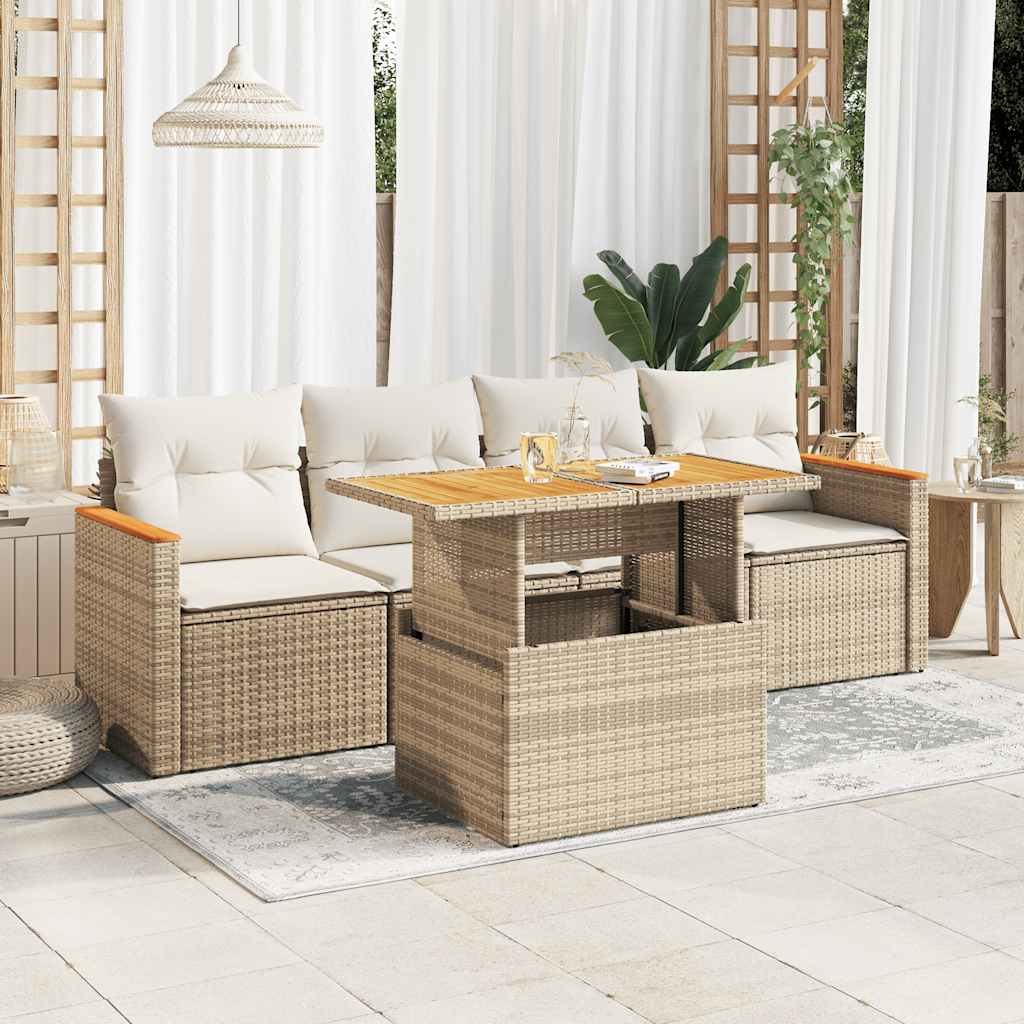 5-delige Loungeset met kussens poly rattan en acaciahout beige is nu te koop bij PeponiXL, paradijselijk wonen!