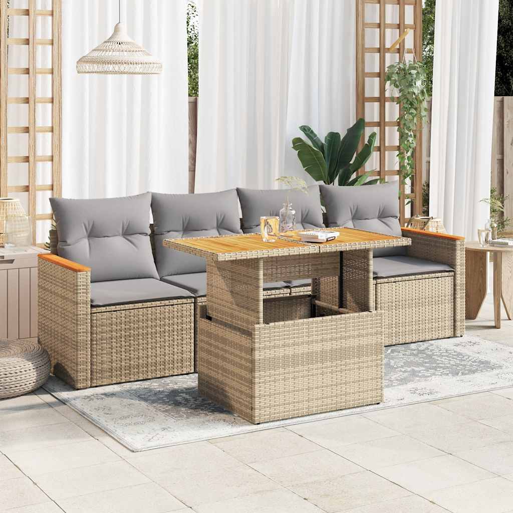 5-delige Loungeset met kussens poly rattan en acaciahout beige is nu te koop bij PeponiXL, paradijselijk wonen!
