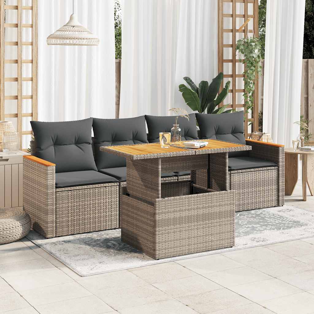 5-delige Loungeset met kussens poly rattan acacia grijs is nu te koop bij PeponiXL, paradijselijk wonen!