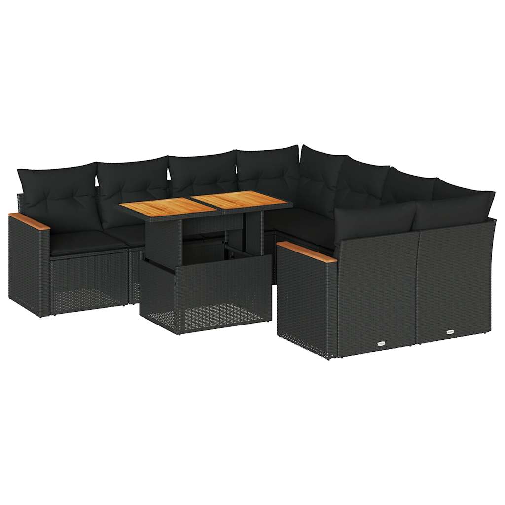 9-delige Loungeset met kussens poly rattan acacia zwart is nu te koop bij PeponiXL, paradijselijk wonen!