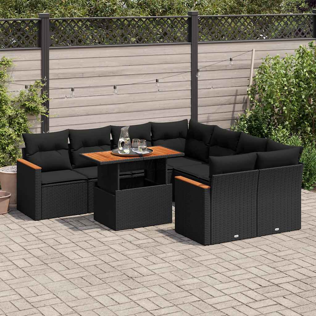 9-delige Loungeset met kussens poly rattan acacia zwart is nu te koop bij PeponiXL, paradijselijk wonen!