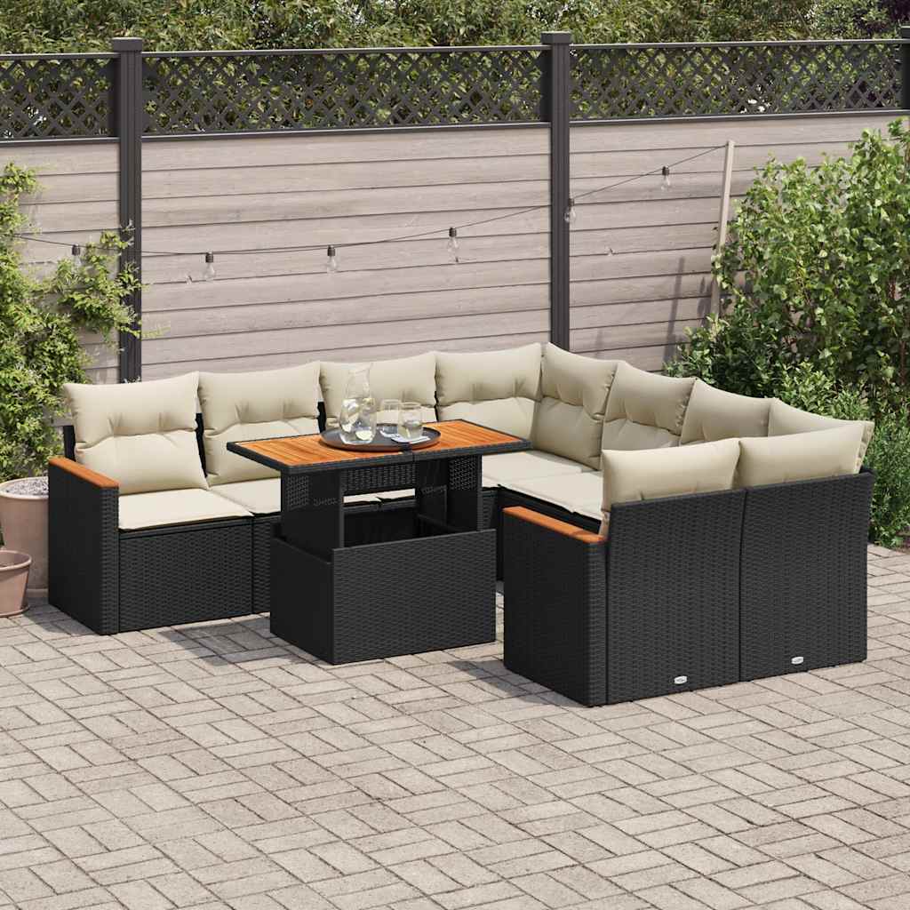 9-delige Loungeset met kussens poly rattan acacia zwart is nu te koop bij PeponiXL, paradijselijk wonen!