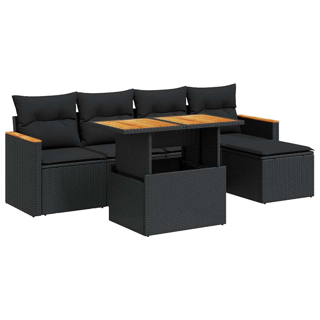 6-delige Loungeset met kussens poly rattan acacia zwart is nu te koop bij PeponiXL, paradijselijk wonen!
