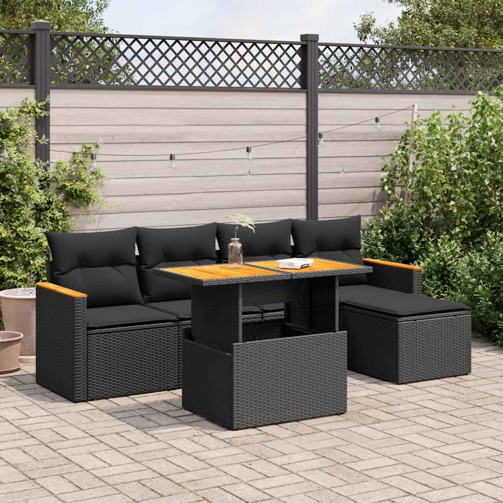 6-delige Loungeset met kussens poly rattan acacia zwart is nu te koop bij PeponiXL, paradijselijk wonen!