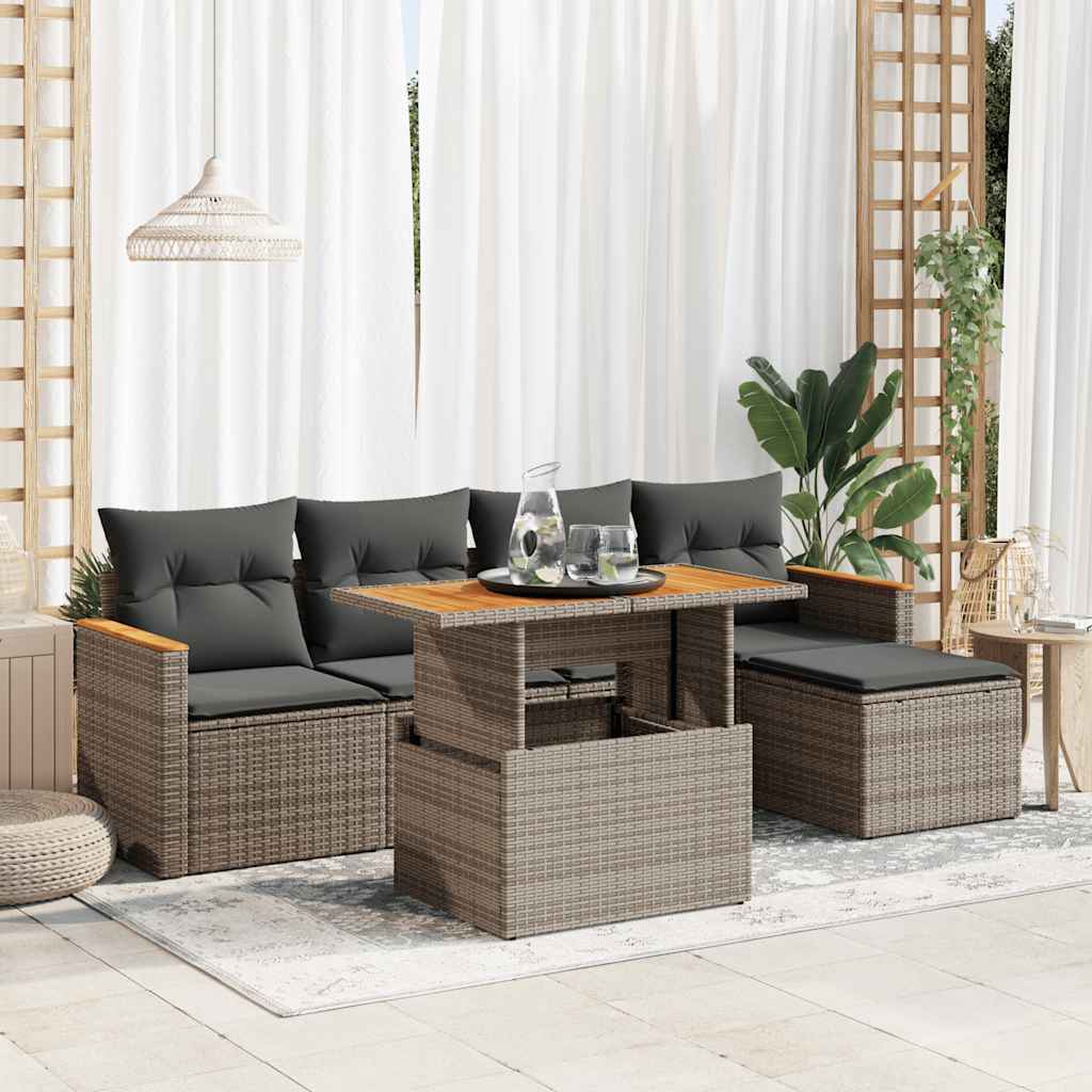 6-delige Loungeset met kussens poly rattan acacia grijs is nu te koop bij PeponiXL, paradijselijk wonen!