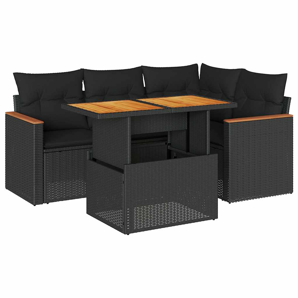 5-delige Loungeset met kussens poly rattan acacia zwart is nu te koop bij PeponiXL, paradijselijk wonen!