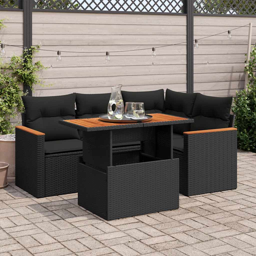5-delige Loungeset met kussens poly rattan acacia zwart is nu te koop bij PeponiXL, paradijselijk wonen!