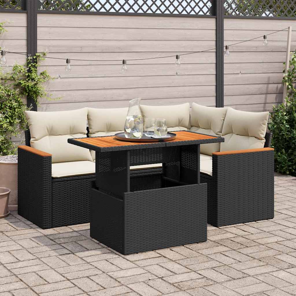 5-delige Loungeset met kussens poly rattan acacia zwart is nu te koop bij PeponiXL, paradijselijk wonen!