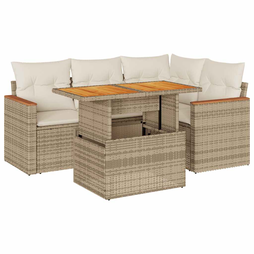 5-delige Loungeset met kussens poly rattan en acaciahout beige is nu te koop bij PeponiXL, paradijselijk wonen!