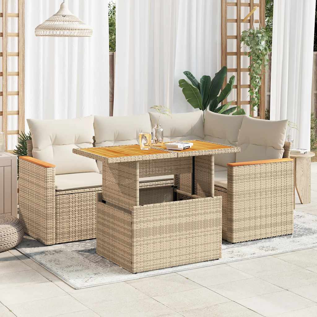 5-delige Loungeset met kussens poly rattan en acaciahout beige is nu te koop bij PeponiXL, paradijselijk wonen!