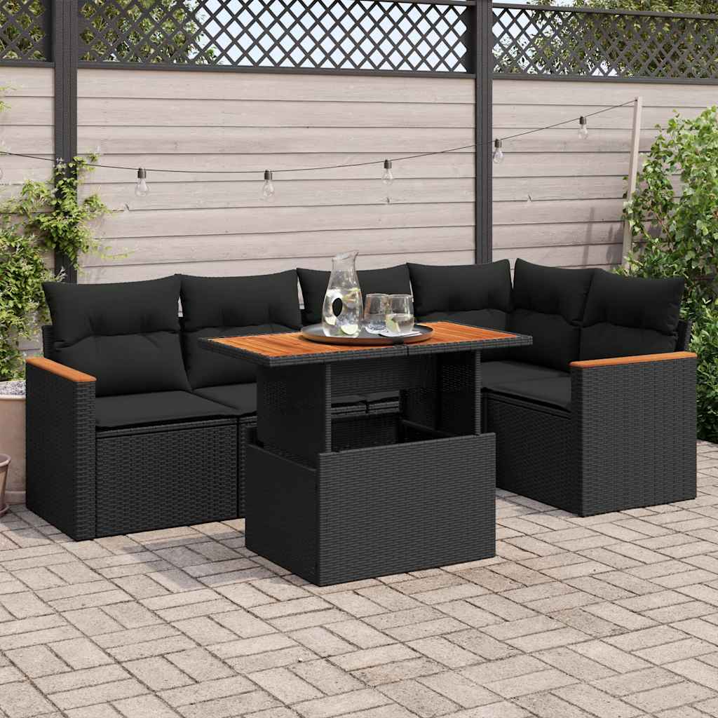 6-delige Loungeset met kussens poly rattan acacia zwart is nu te koop bij PeponiXL, paradijselijk wonen!