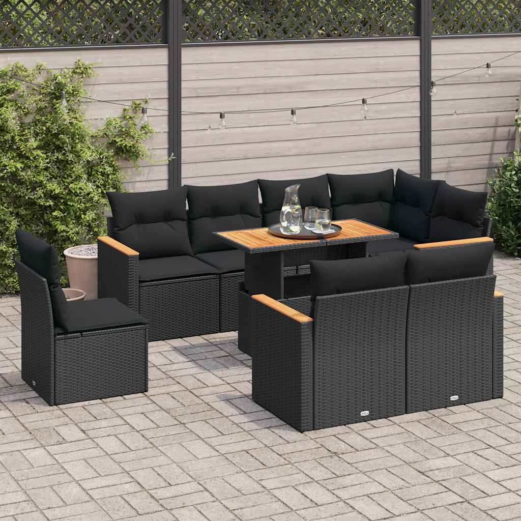 9-delige Loungeset met kussens poly rattan acacia zwart is nu te koop bij PeponiXL, paradijselijk wonen!