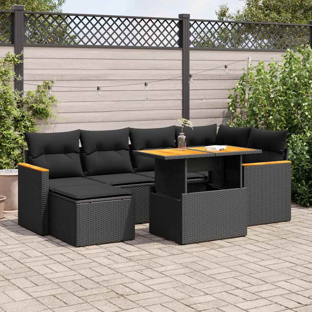 7-delige Loungeset met kussens poly rattan acacia zwart is nu te koop bij PeponiXL, paradijselijk wonen!