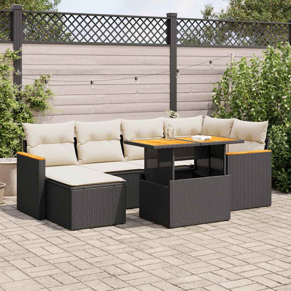 7-delige Loungeset met kussens poly rattan acacia zwart is nu te koop bij PeponiXL, paradijselijk wonen!