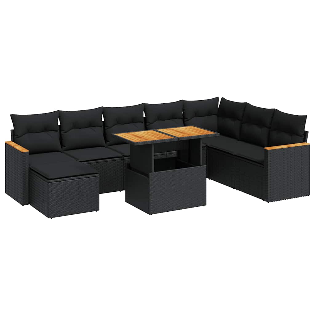 9-delige Loungeset met kussens poly rattan acacia zwart is nu te koop bij PeponiXL, paradijselijk wonen!