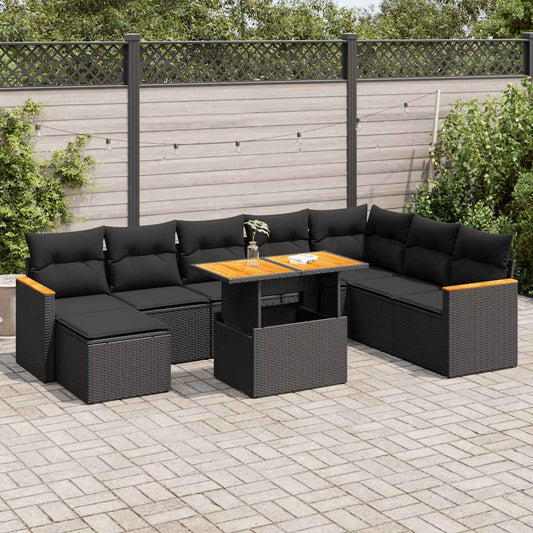 9-delige Loungeset met kussens poly rattan acacia zwart is nu te koop bij PeponiXL, paradijselijk wonen!