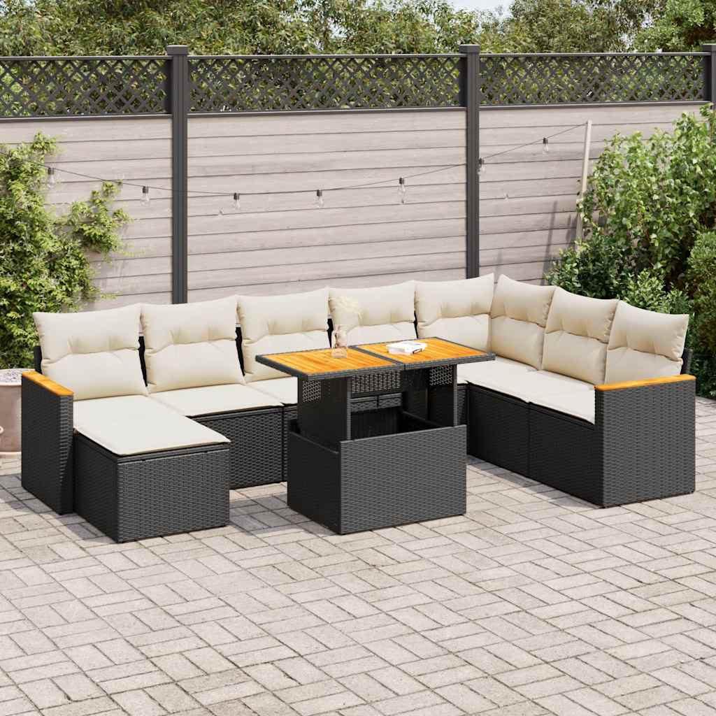 9-delige Loungeset met kussens poly rattan acacia zwart is nu te koop bij PeponiXL, paradijselijk wonen!