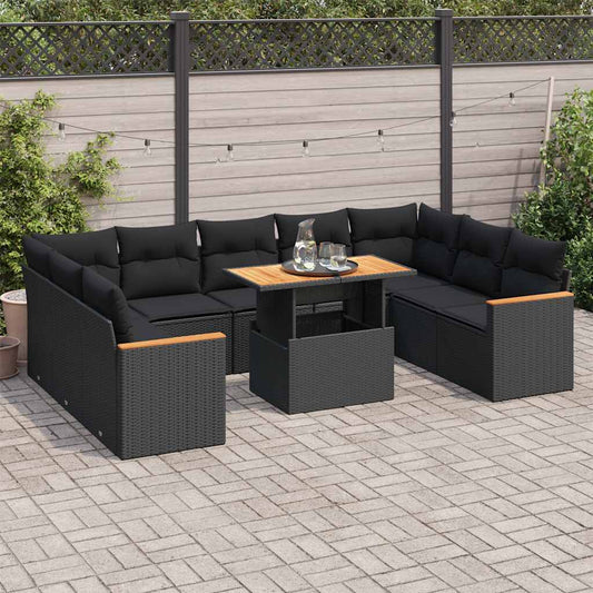 10-delige Loungeset met kussens poly rattan acacia zwart is nu te koop bij PeponiXL, paradijselijk wonen!