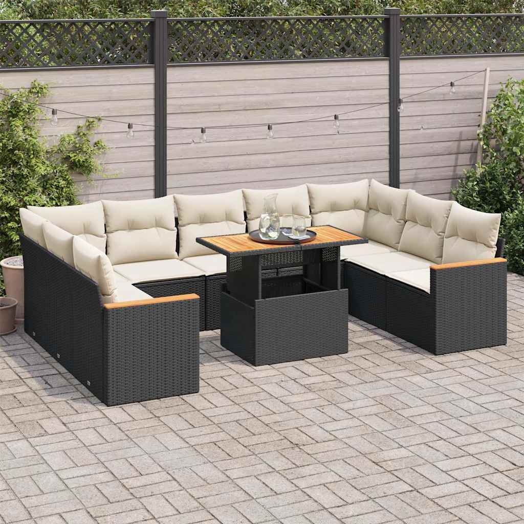 10-delige Loungeset met kussens poly rattan acacia zwart is nu te koop bij PeponiXL, paradijselijk wonen!